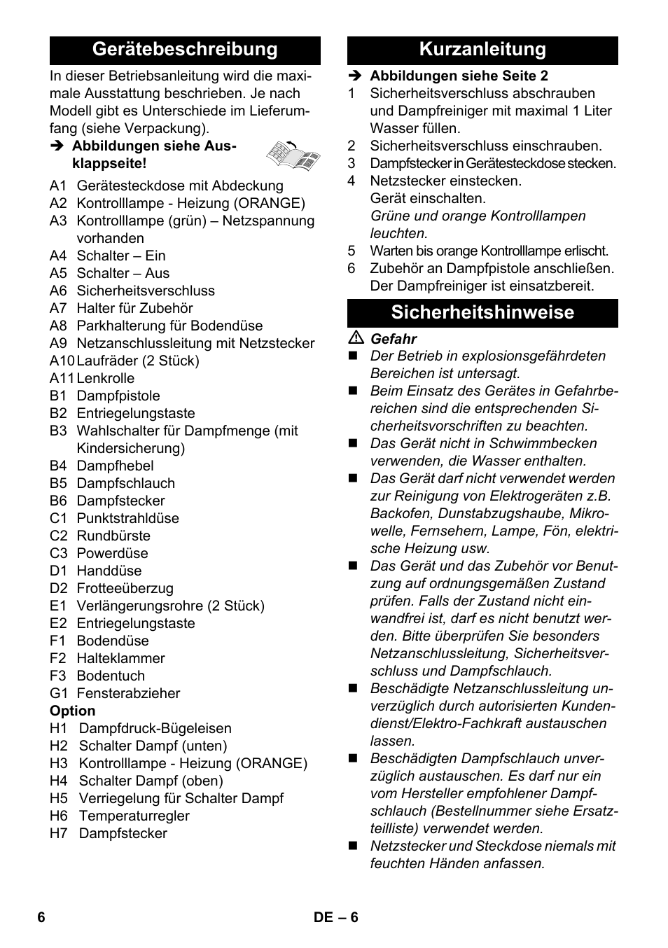 Gerätebeschreibung, Kurzanleitung sicherheitshinweise | Karcher SC 3-100 B User Manual | Page 6 / 278