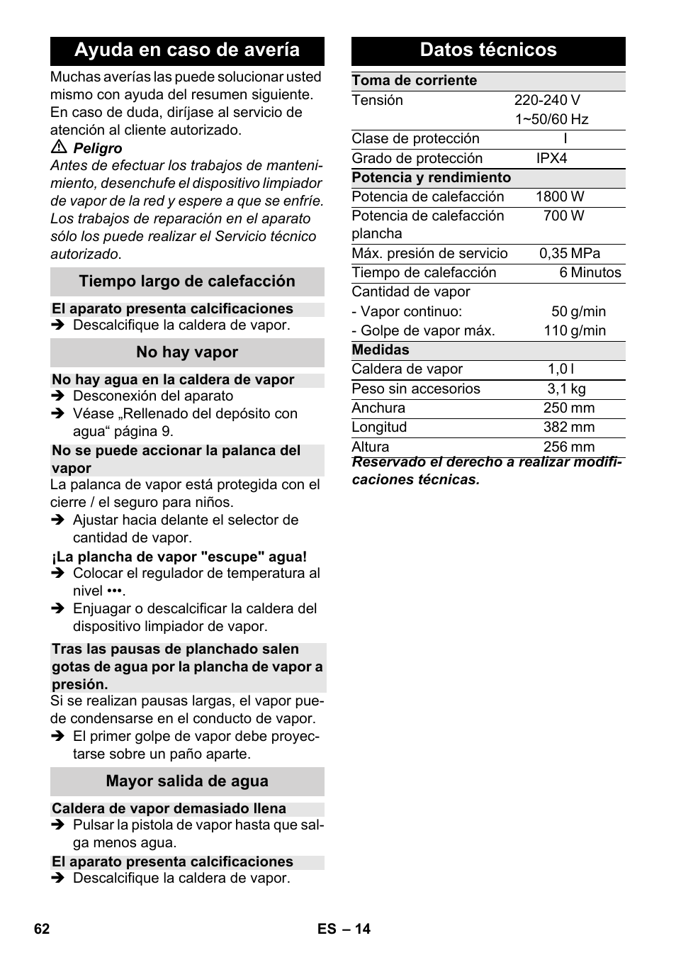 Ayuda en caso de avería, Datos técnicos | Karcher SC 3-100 B User Manual | Page 62 / 278