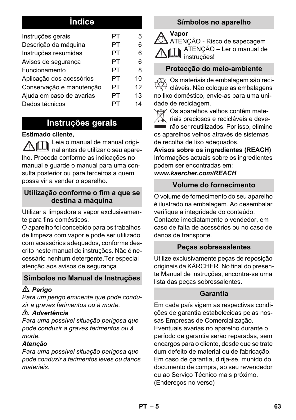 Português, Índice, Instruções gerais | Karcher SC 3-100 B User Manual | Page 63 / 278