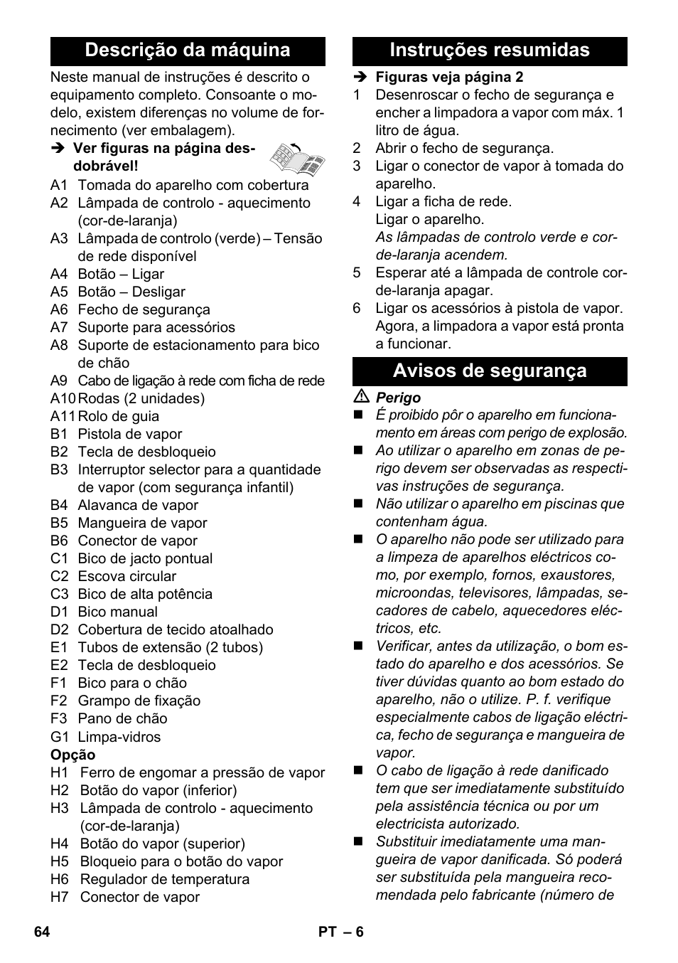 Descrição da máquina, Instruções resumidas avisos de segurança | Karcher SC 3-100 B User Manual | Page 64 / 278