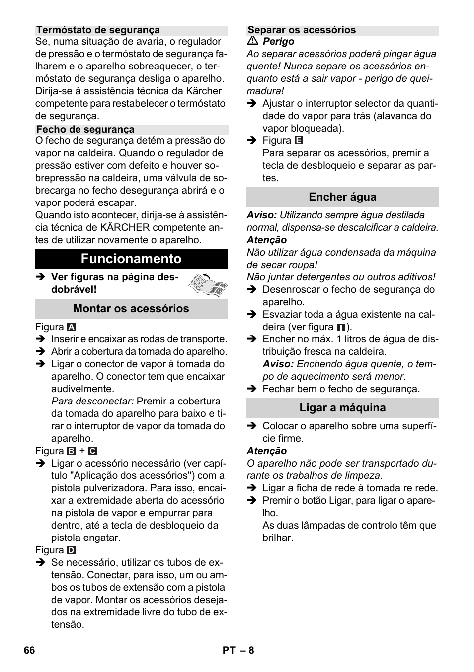 Funcionamento | Karcher SC 3-100 B User Manual | Page 66 / 278