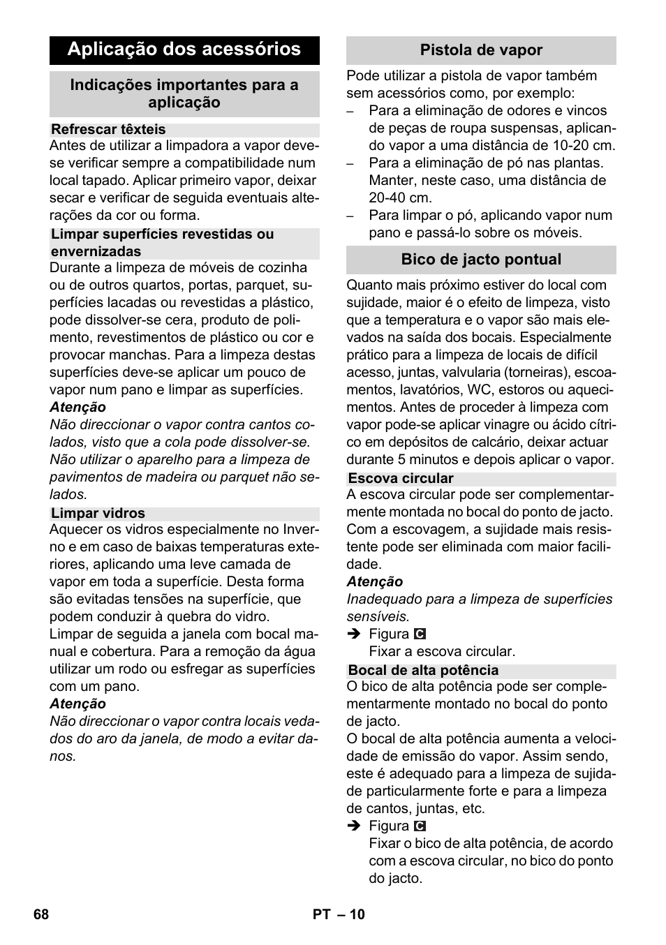 Aplicação dos acessórios | Karcher SC 3-100 B User Manual | Page 68 / 278