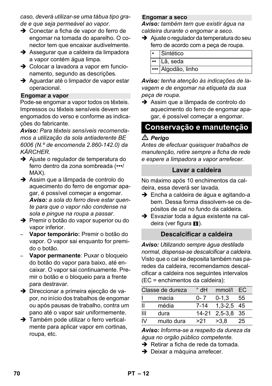 Conservação e manutenção | Karcher SC 3-100 B User Manual | Page 70 / 278