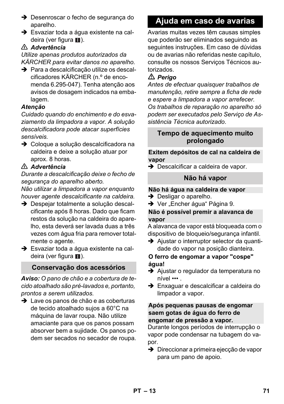 Ajuda em caso de avarias | Karcher SC 3-100 B User Manual | Page 71 / 278