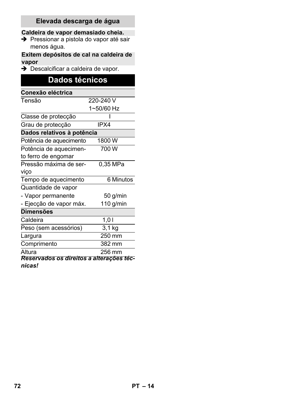 Dados técnicos | Karcher SC 3-100 B User Manual | Page 72 / 278