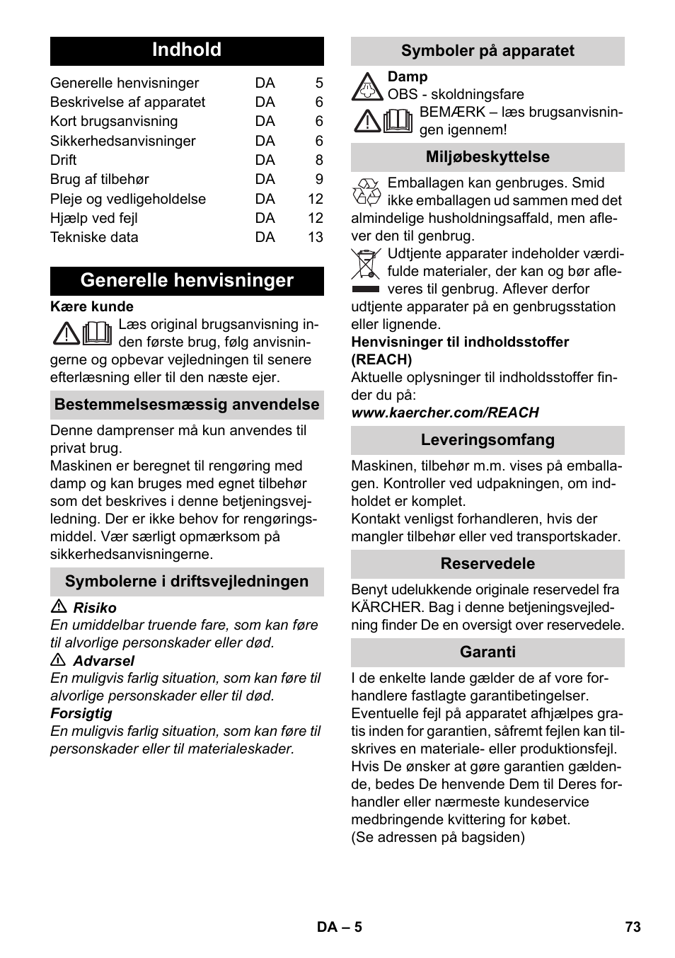 Dansk, Indhold, Generelle henvisninger | Karcher SC 3-100 B User Manual | Page 73 / 278