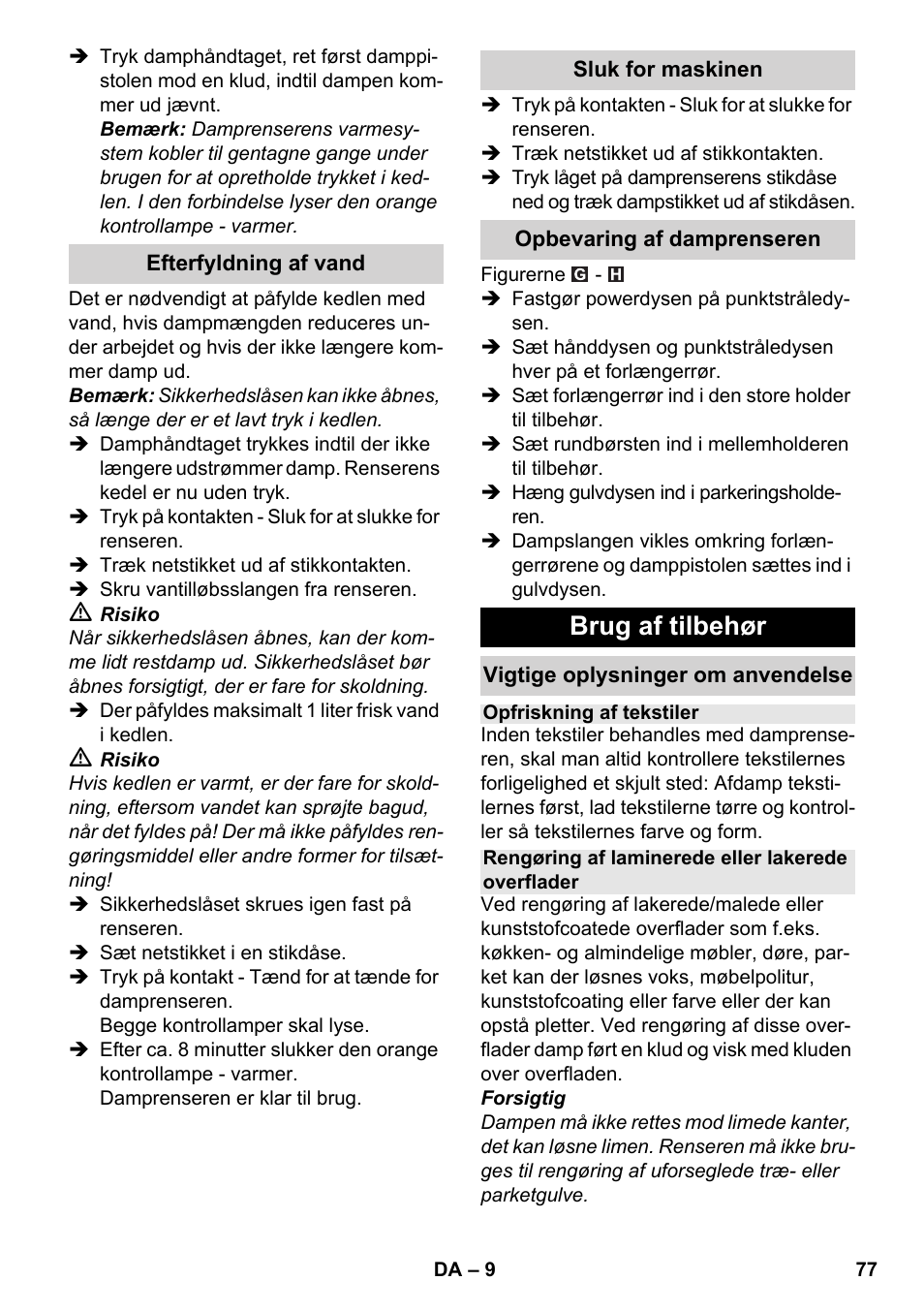 Brug af tilbehør | Karcher SC 3-100 B User Manual | Page 77 / 278