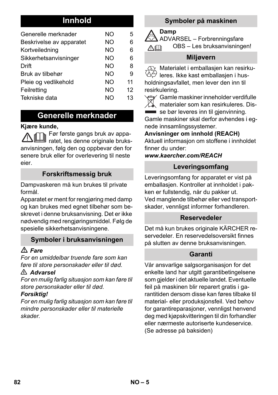 Norsk, Innhold, Generelle merknader | Karcher SC 3-100 B User Manual | Page 82 / 278