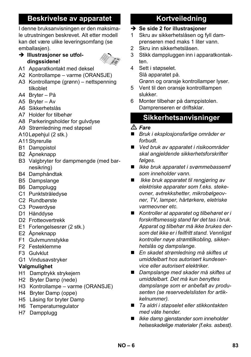 Beskrivelse av apparatet, Kortveiledning sikkerhetsanvisninger | Karcher SC 3-100 B User Manual | Page 83 / 278