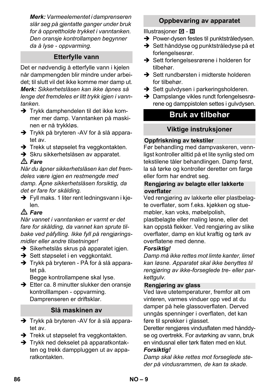 Bruk av tilbehør | Karcher SC 3-100 B User Manual | Page 86 / 278