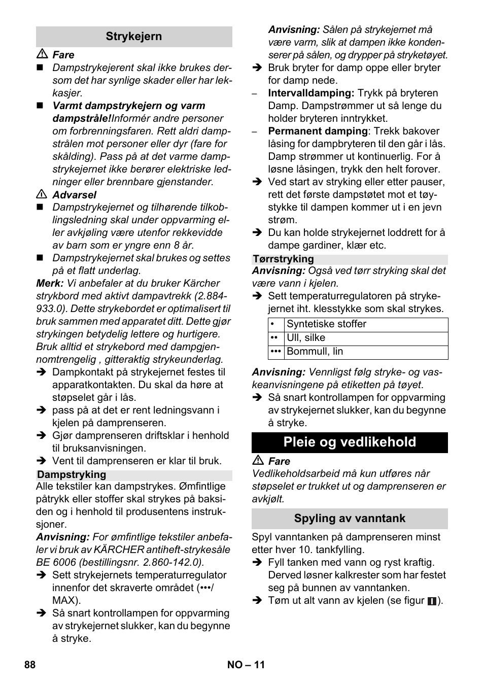 Pleie og vedlikehold | Karcher SC 3-100 B User Manual | Page 88 / 278