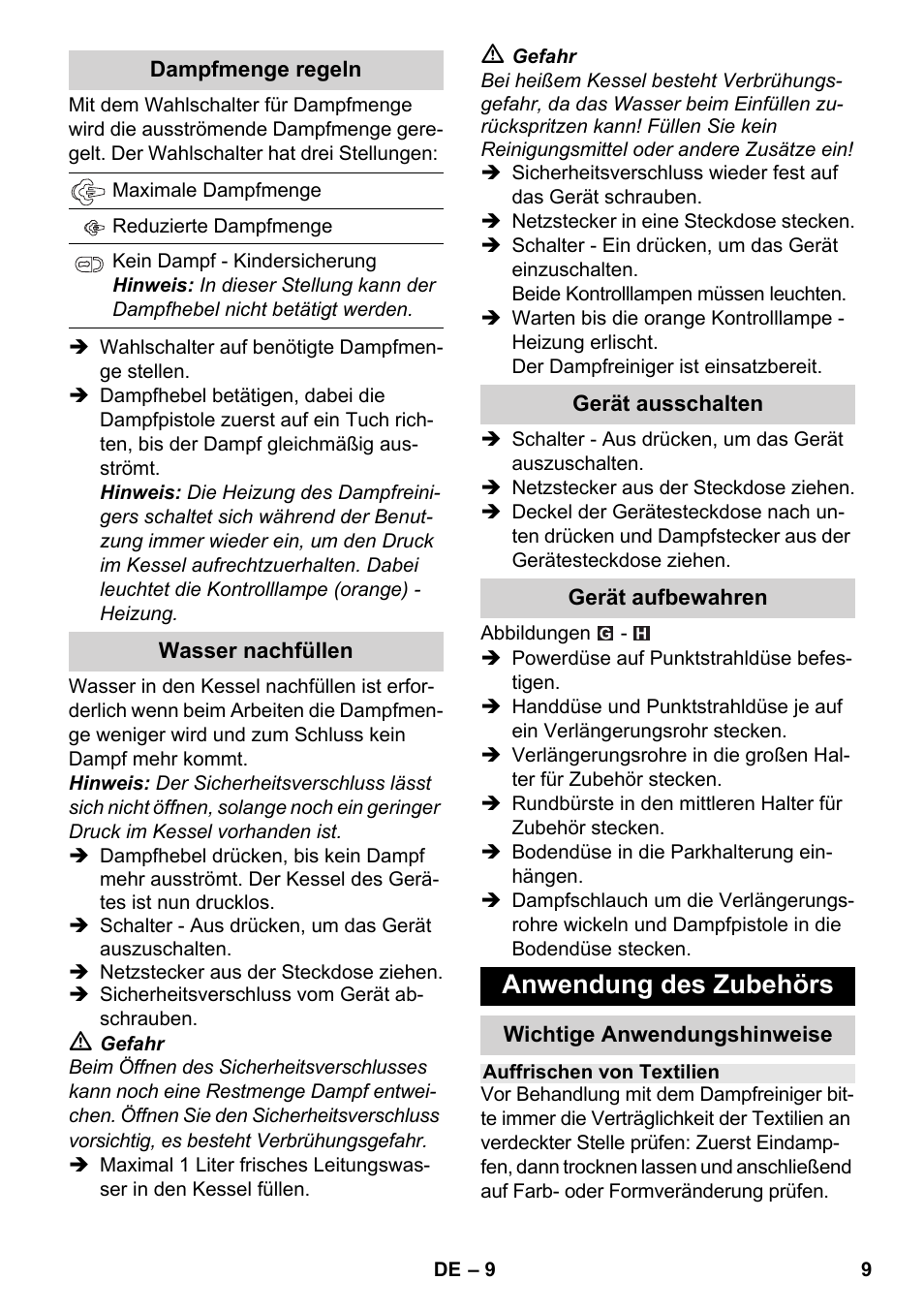 Anwendung des zubehörs | Karcher SC 3-100 B User Manual | Page 9 / 278