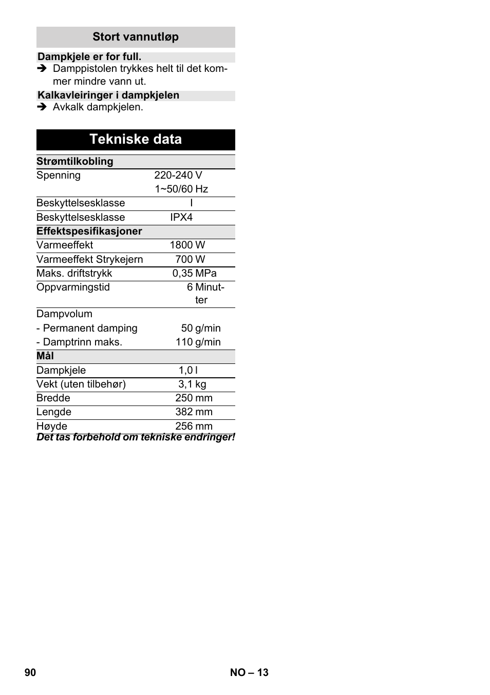 Tekniske data | Karcher SC 3-100 B User Manual | Page 90 / 278