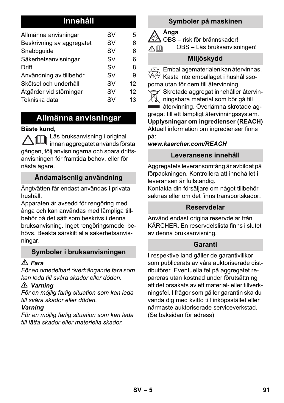 Svenska, Innehåll, Allmänna anvisningar | Karcher SC 3-100 B User Manual | Page 91 / 278