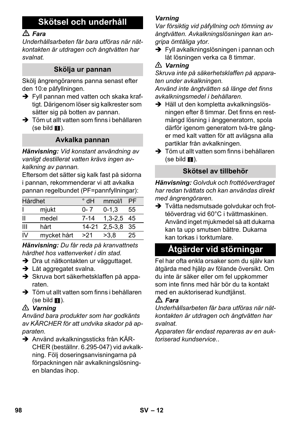 Skötsel och underhåll, Åtgärder vid störningar | Karcher SC 3-100 B User Manual | Page 98 / 278