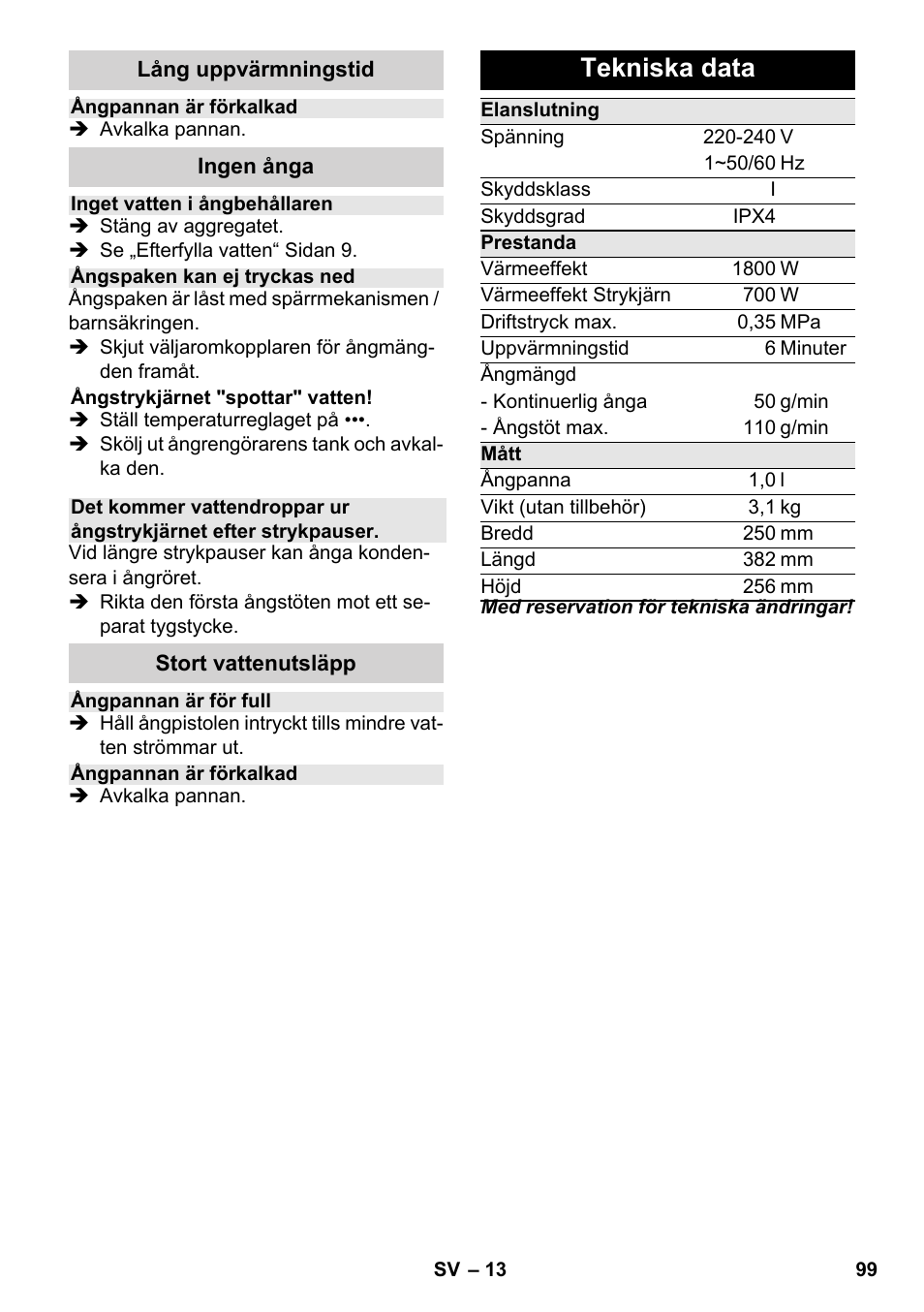 Tekniska data | Karcher SC 3-100 B User Manual | Page 99 / 278