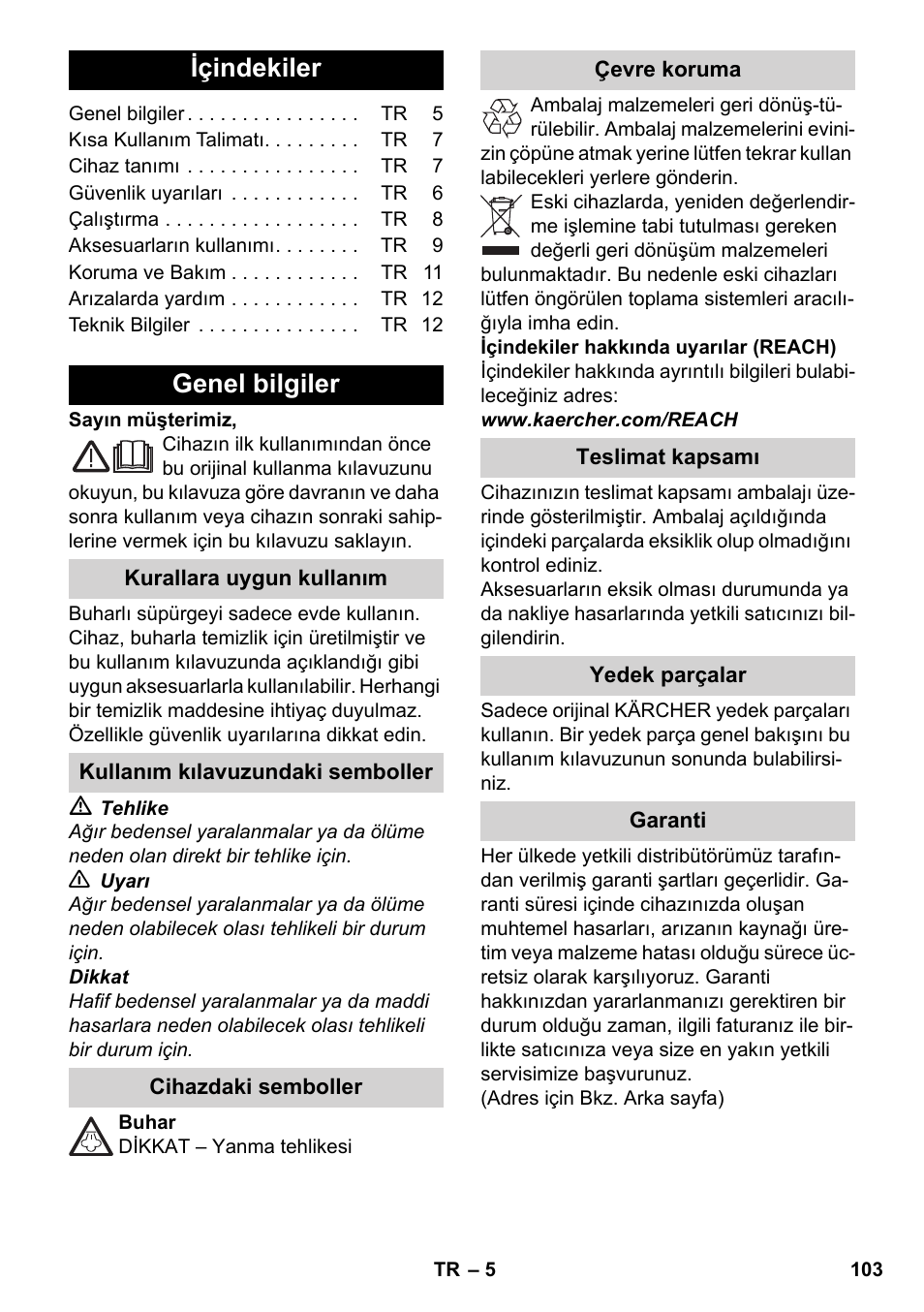 Türkçe, Içindekiler, Genel bilgiler | Karcher SC 3-000 User Manual | Page 103 / 238