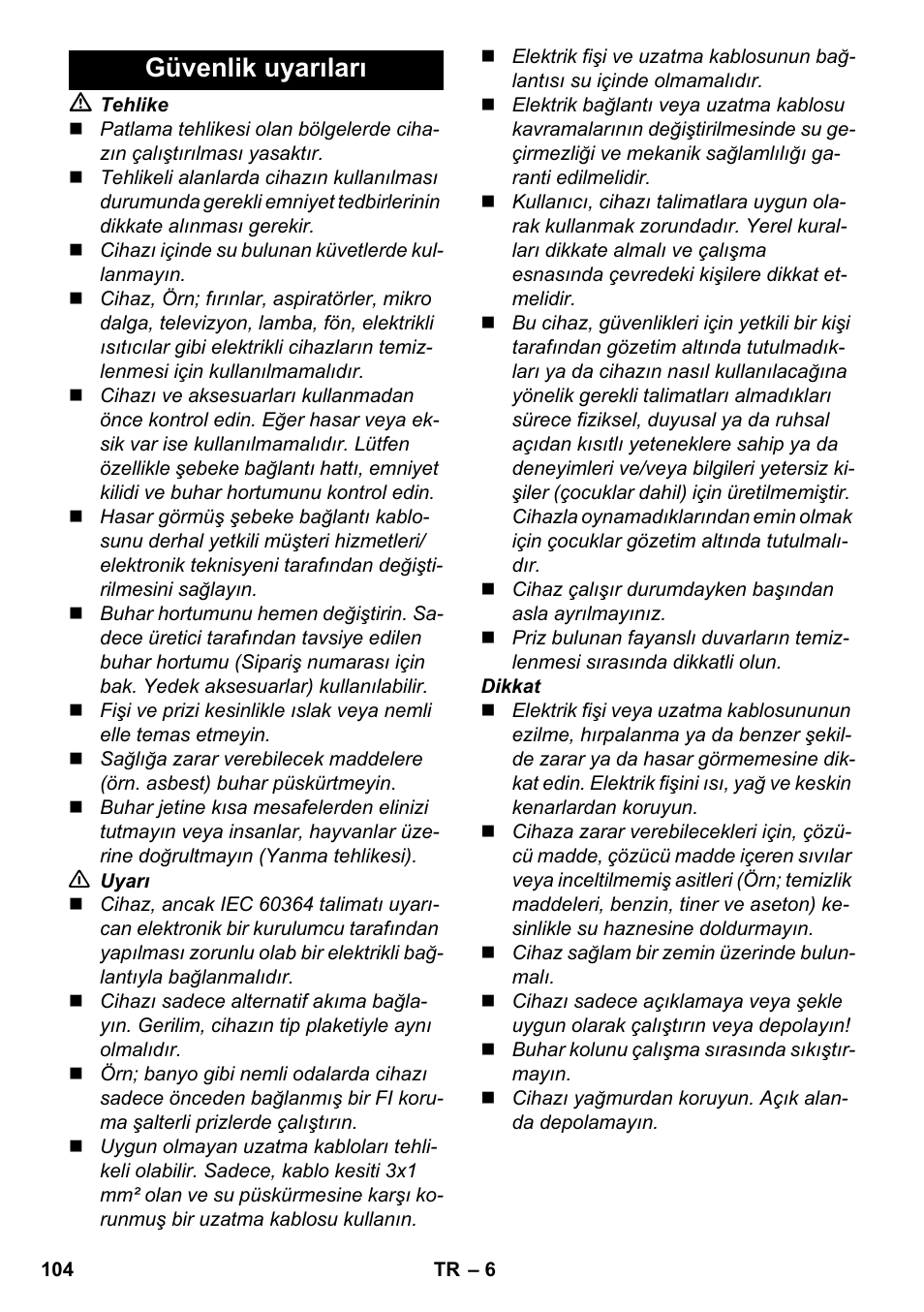 Güvenlik uyarıları | Karcher SC 3-000 User Manual | Page 104 / 238