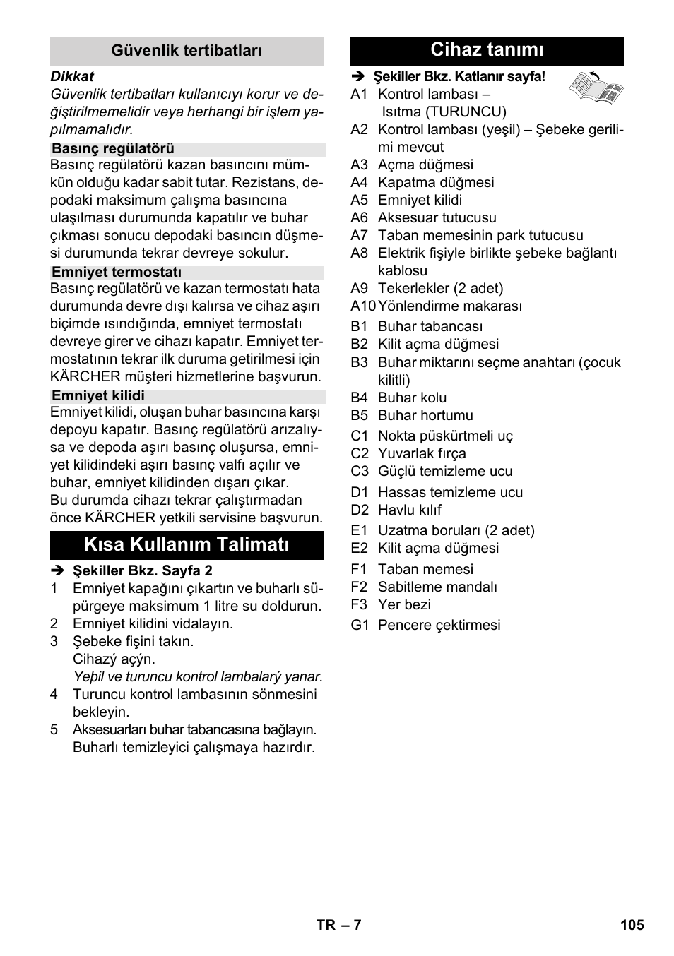 Kısa kullanım talimatı cihaz tanımı | Karcher SC 3-000 User Manual | Page 105 / 238