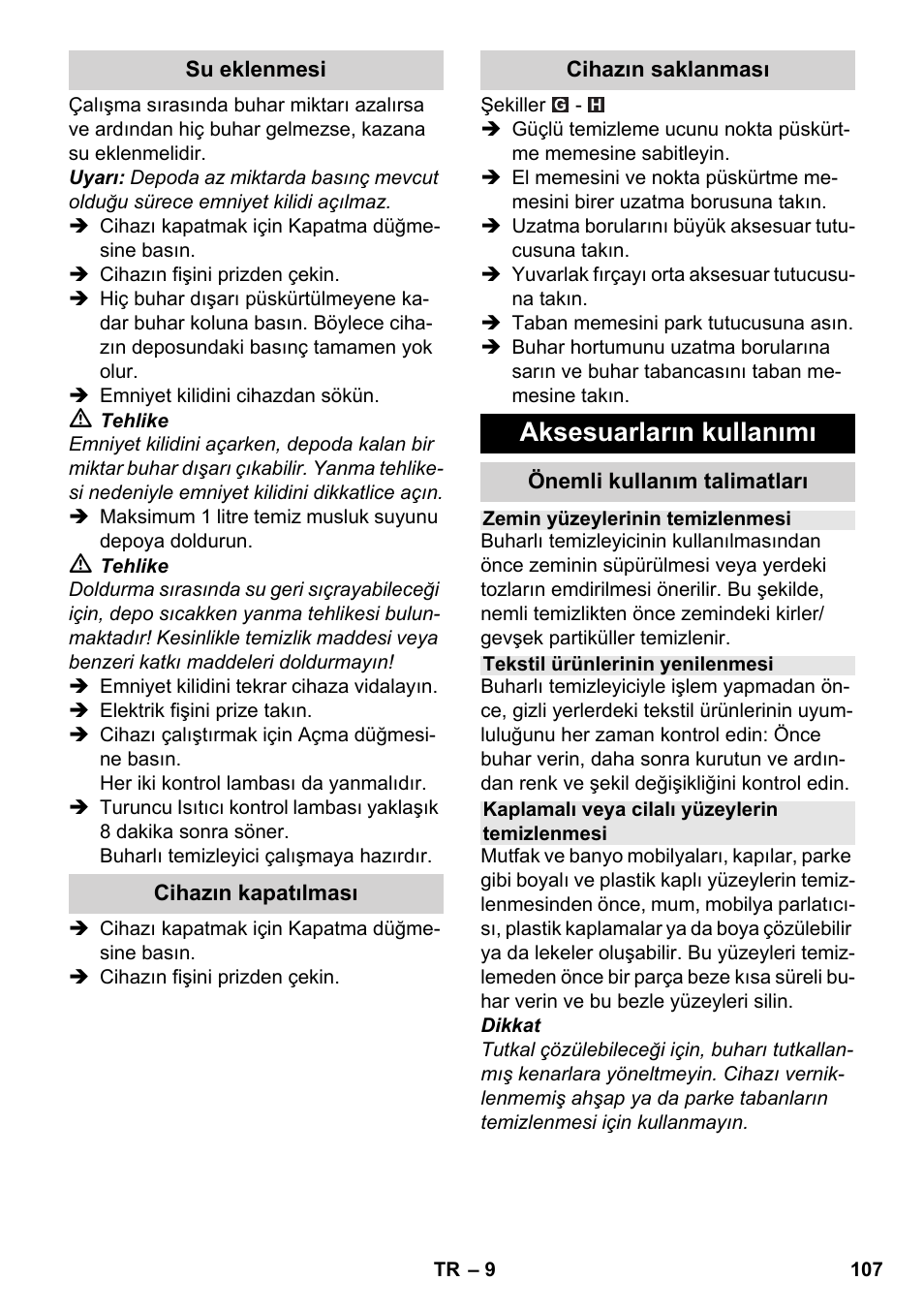 Aksesuarların kullanımı | Karcher SC 3-000 User Manual | Page 107 / 238