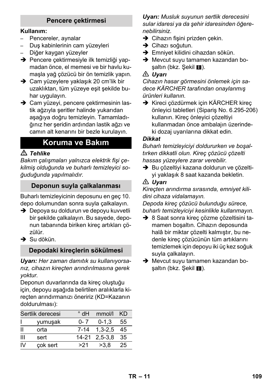 Koruma ve bakım | Karcher SC 3-000 User Manual | Page 109 / 238