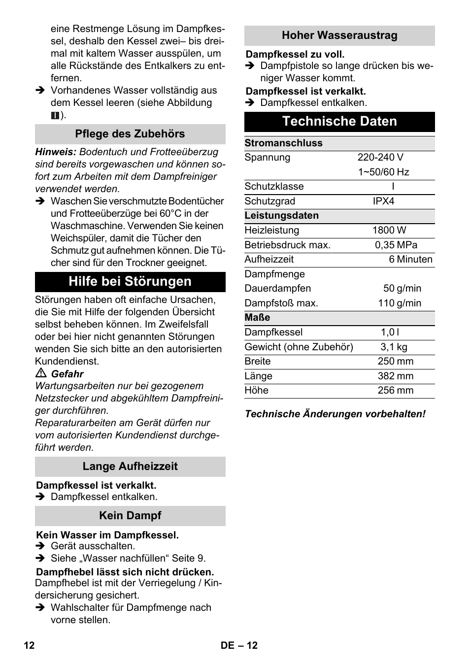 Hilfe bei störungen, Technische daten | Karcher SC 3-000 User Manual | Page 12 / 238