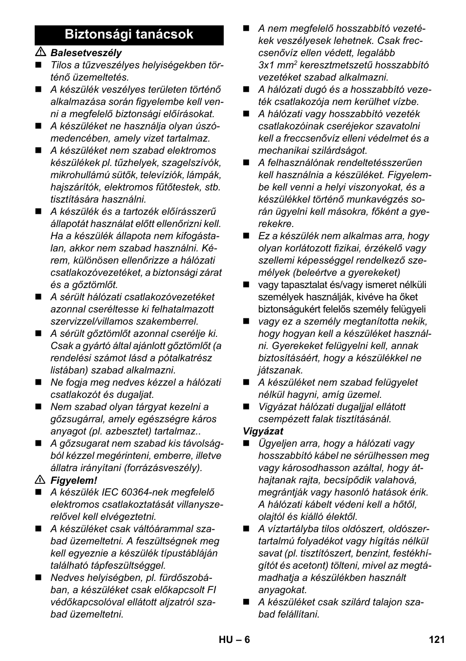Biztonsági tanácsok | Karcher SC 3-000 User Manual | Page 121 / 238