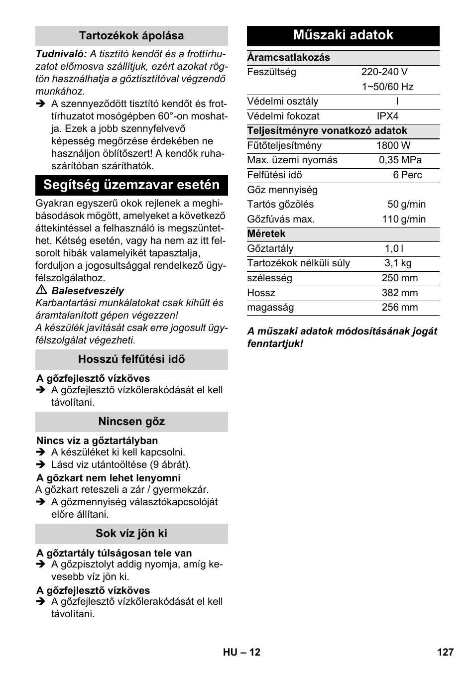 Segítség üzemzavar esetén, Műszaki adatok | Karcher SC 3-000 User Manual | Page 127 / 238