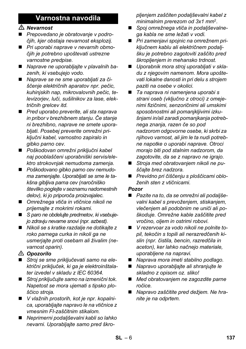 Varnostna navodila | Karcher SC 3-000 User Manual | Page 137 / 238