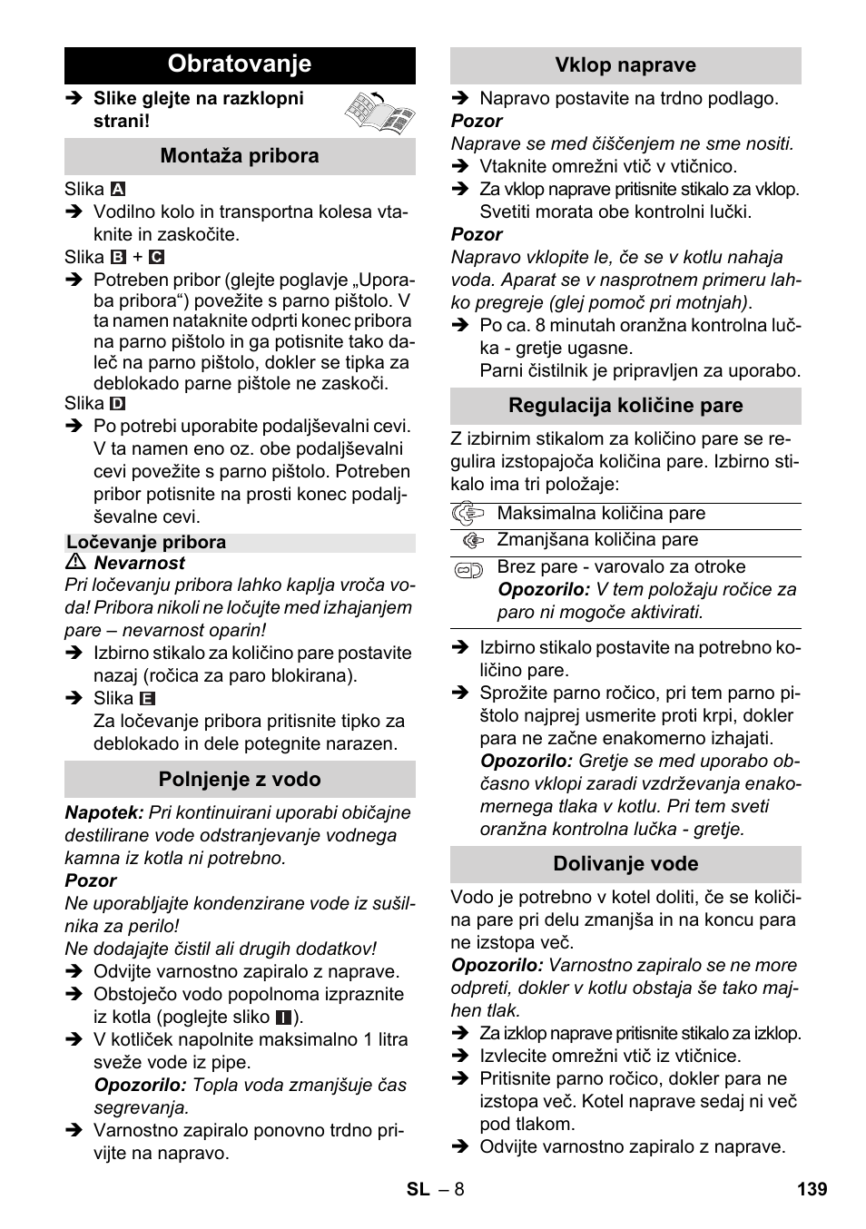 Obratovanje | Karcher SC 3-000 User Manual | Page 139 / 238