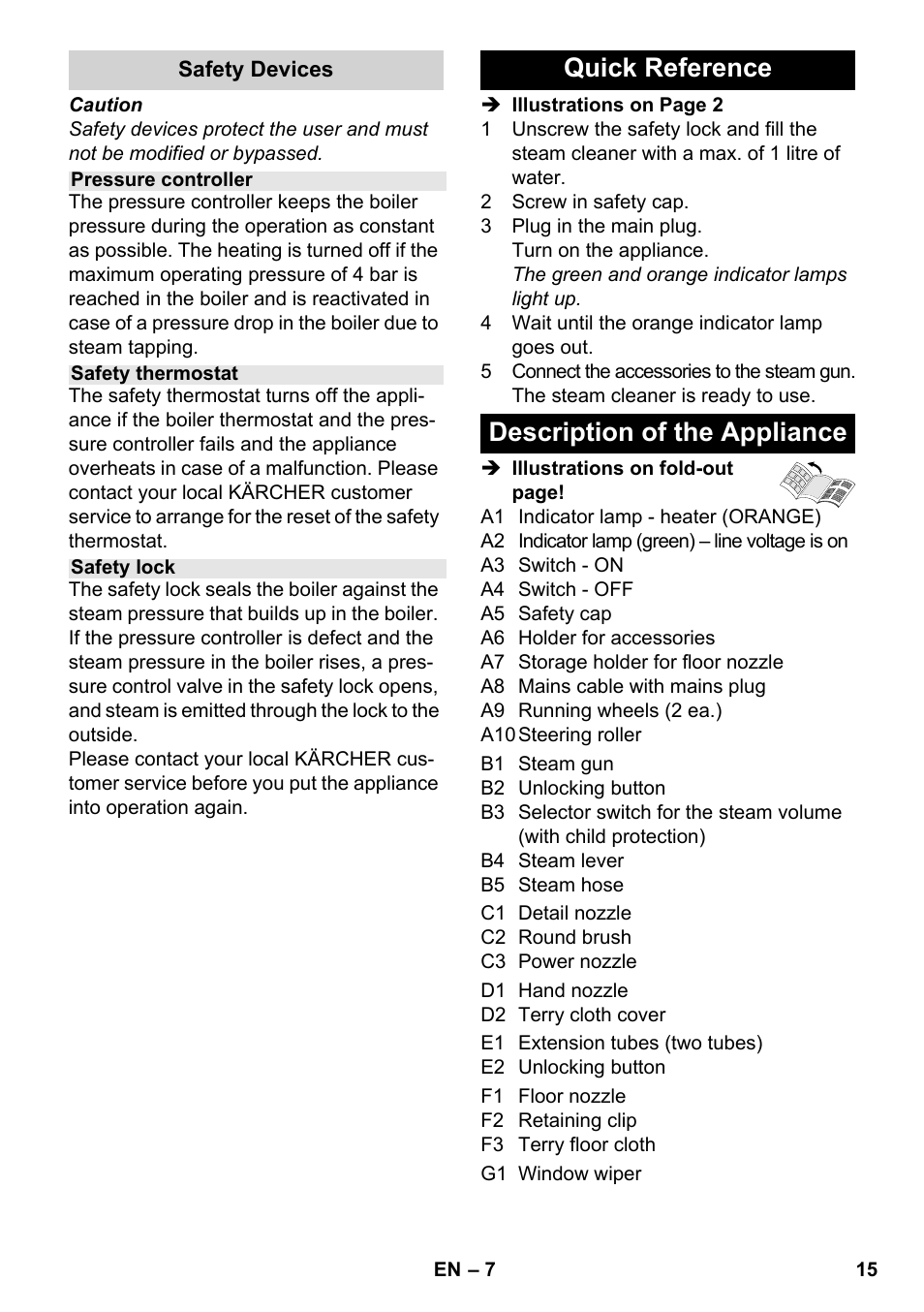 Quick reference description of the appliance | Karcher SC 3-000 User Manual | Page 15 / 238