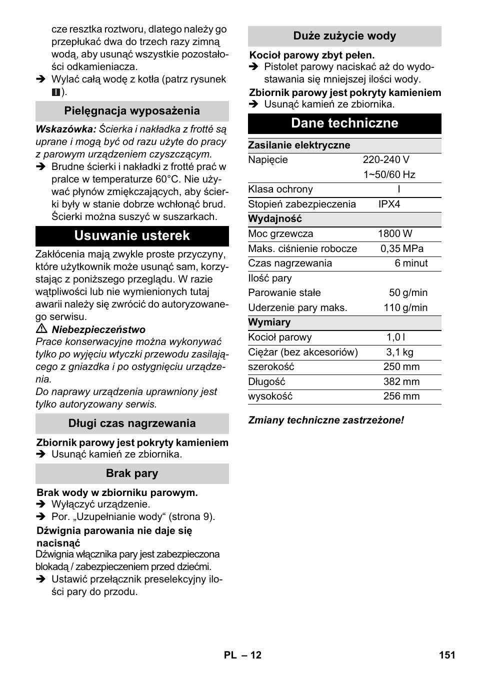 Usuwanie usterek, Dane techniczne | Karcher SC 3-000 User Manual | Page 151 / 238
