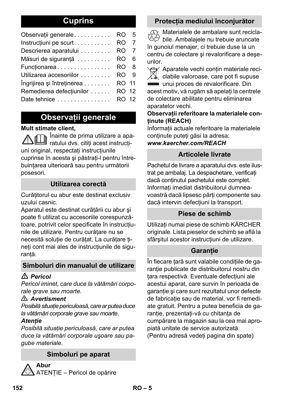 Româneşte, Românete, Cuprins | Observaţii generale | Karcher SC 3-000 User Manual | Page 152 / 238
