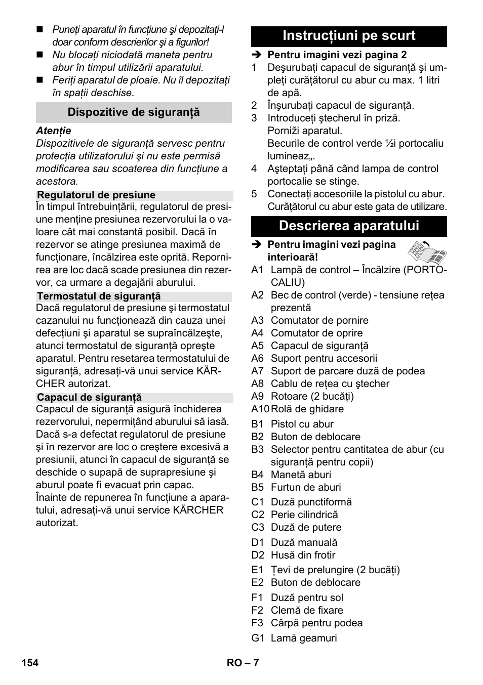 Instrucţiuni pe scurt descrierea aparatului | Karcher SC 3-000 User Manual | Page 154 / 238