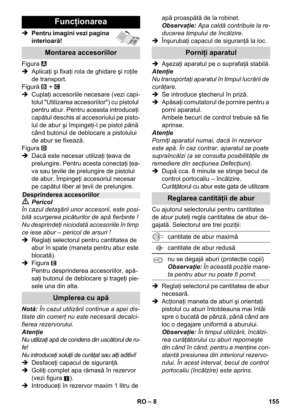 Funcţionarea | Karcher SC 3-000 User Manual | Page 155 / 238