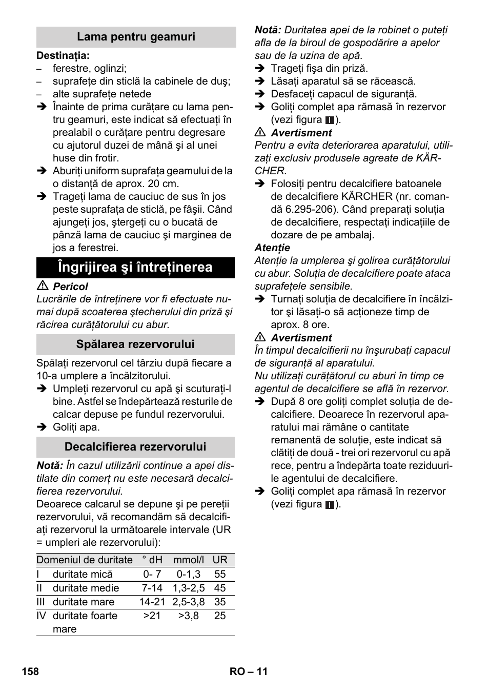 Îngrijirea şi întreţinerea | Karcher SC 3-000 User Manual | Page 158 / 238