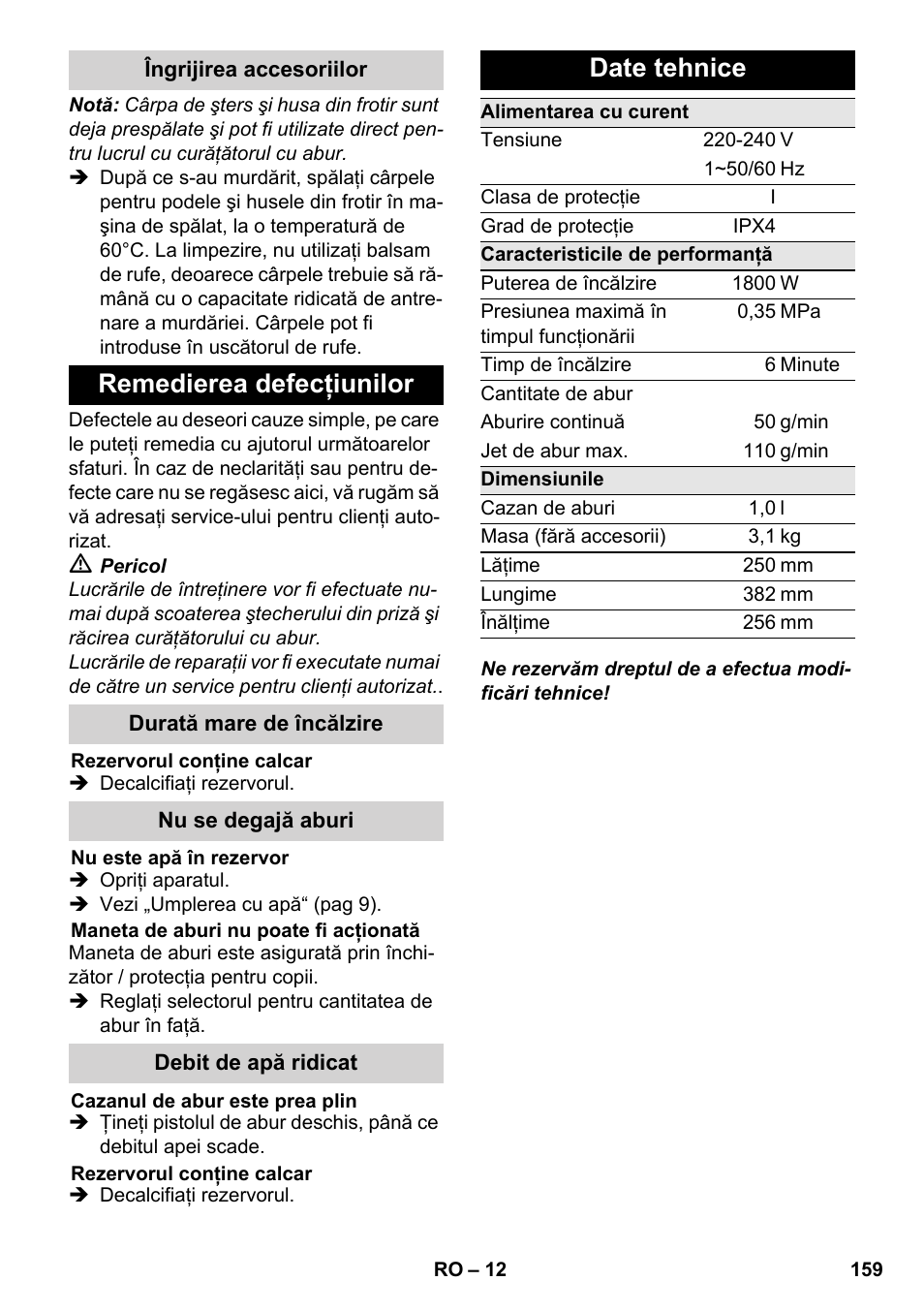 Remedierea defecţiunilor, Date tehnice | Karcher SC 3-000 User Manual | Page 159 / 238
