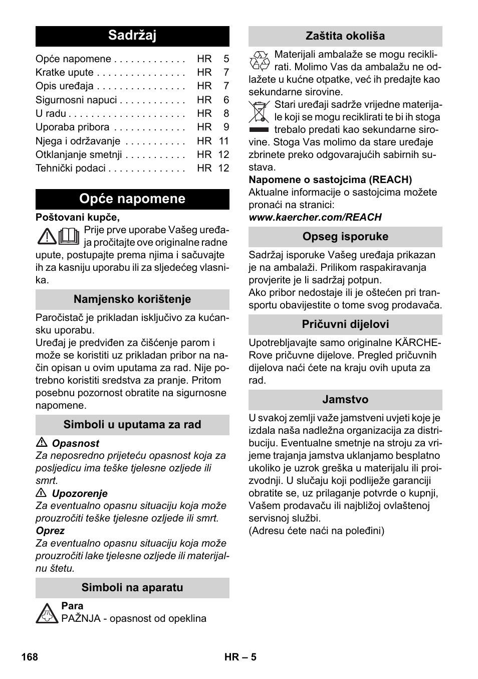Hrvatski, Sadržaj, Opće napomene | Karcher SC 3-000 User Manual | Page 168 / 238