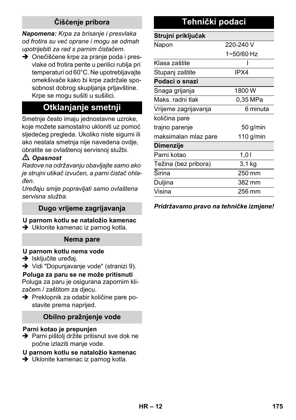 Otklanjanje smetnji, Tehnički podaci | Karcher SC 3-000 User Manual | Page 175 / 238