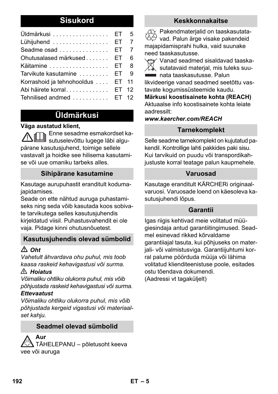 Eesti, Sisukord, Üldmärkusi | Karcher SC 3-000 User Manual | Page 192 / 238