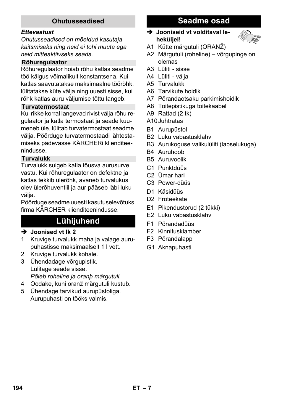 Lühijuhend seadme osad | Karcher SC 3-000 User Manual | Page 194 / 238