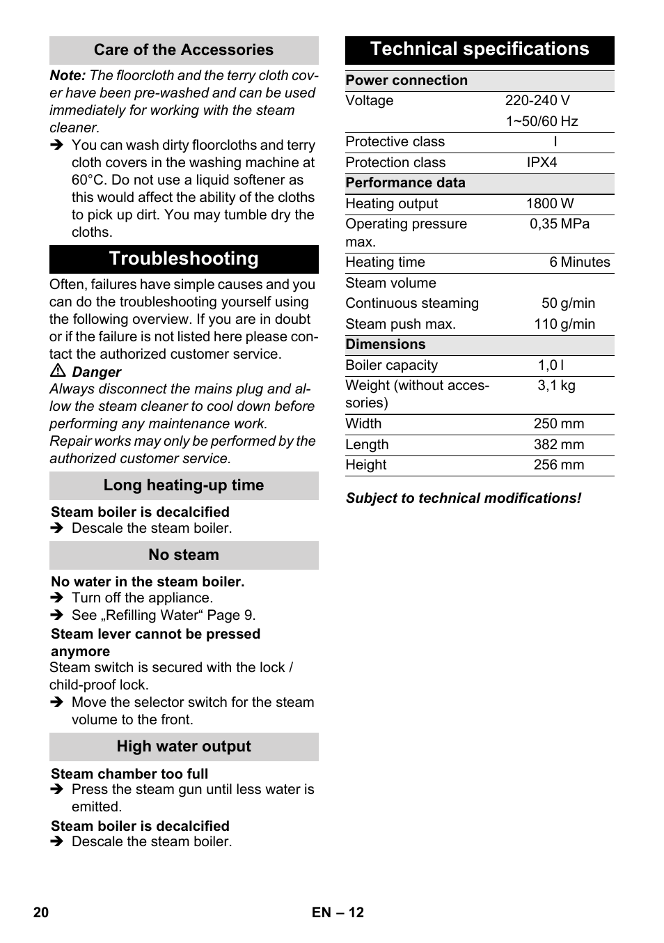Troubleshooting, Technical specifications | Karcher SC 3-000 User Manual | Page 20 / 238