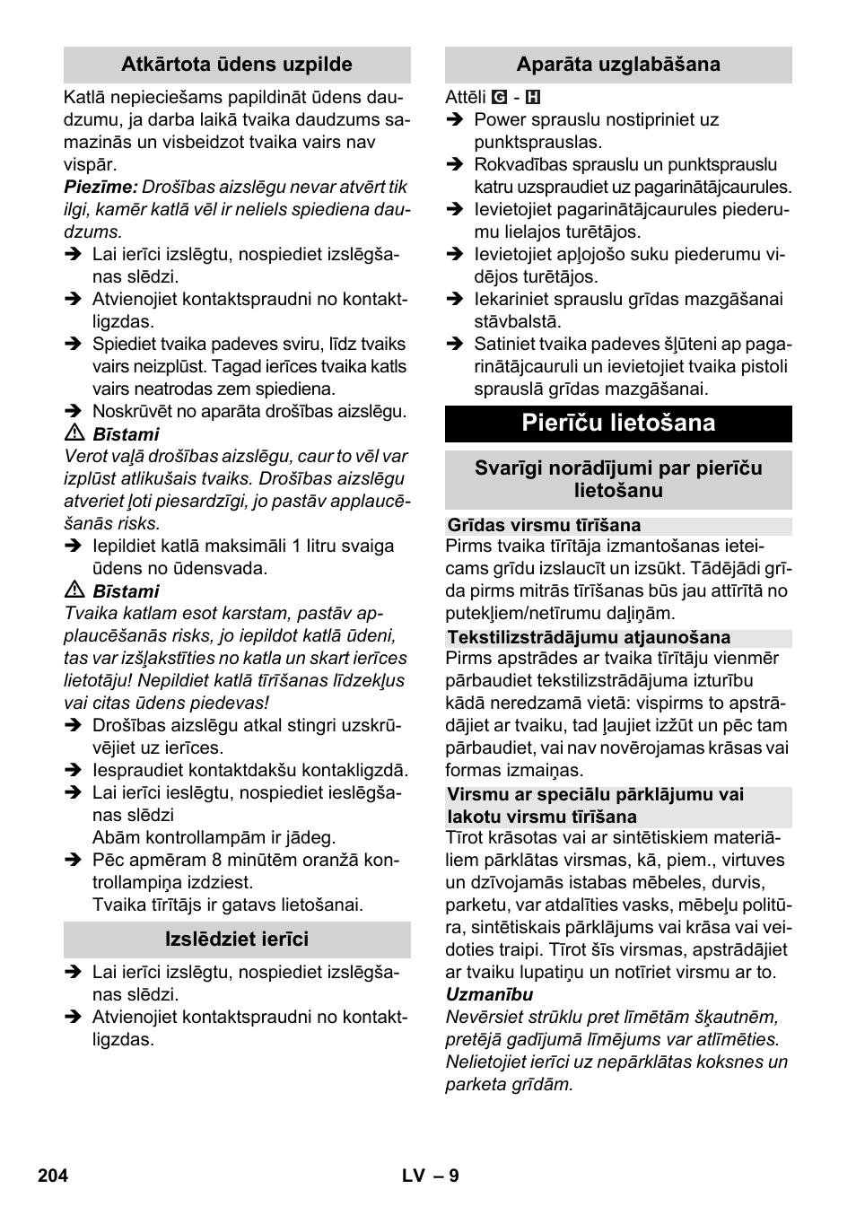 Pierīču lietošana | Karcher SC 3-000 User Manual | Page 204 / 238