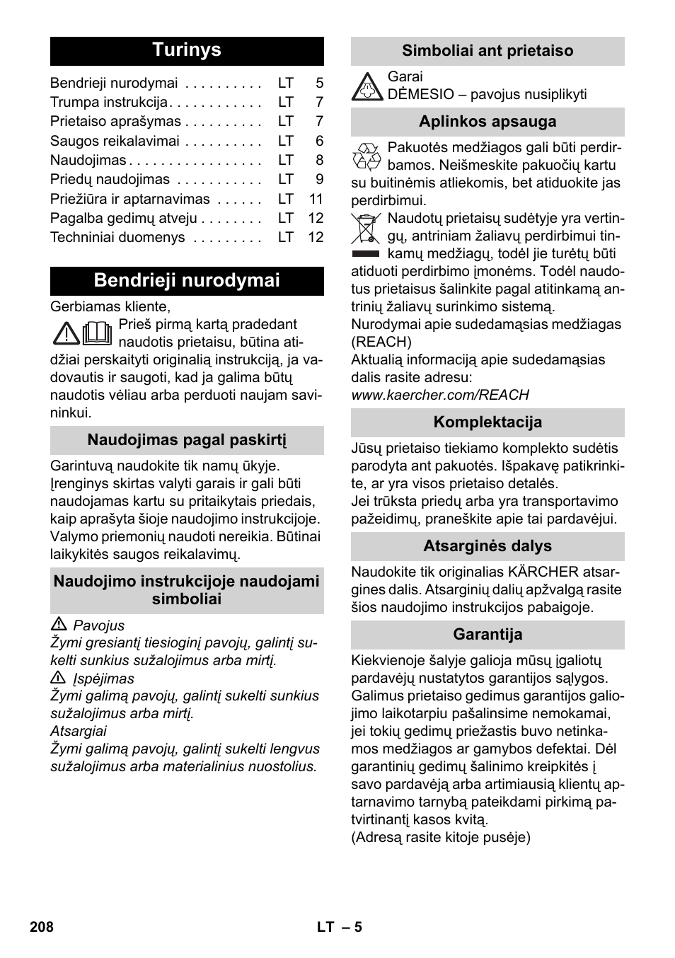 Lietuviškai, Turinys, Bendrieji nurodymai | Karcher SC 3-000 User Manual | Page 208 / 238