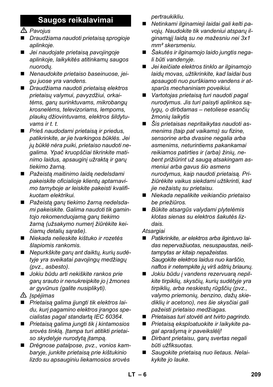 Saugos reikalavimai | Karcher SC 3-000 User Manual | Page 209 / 238