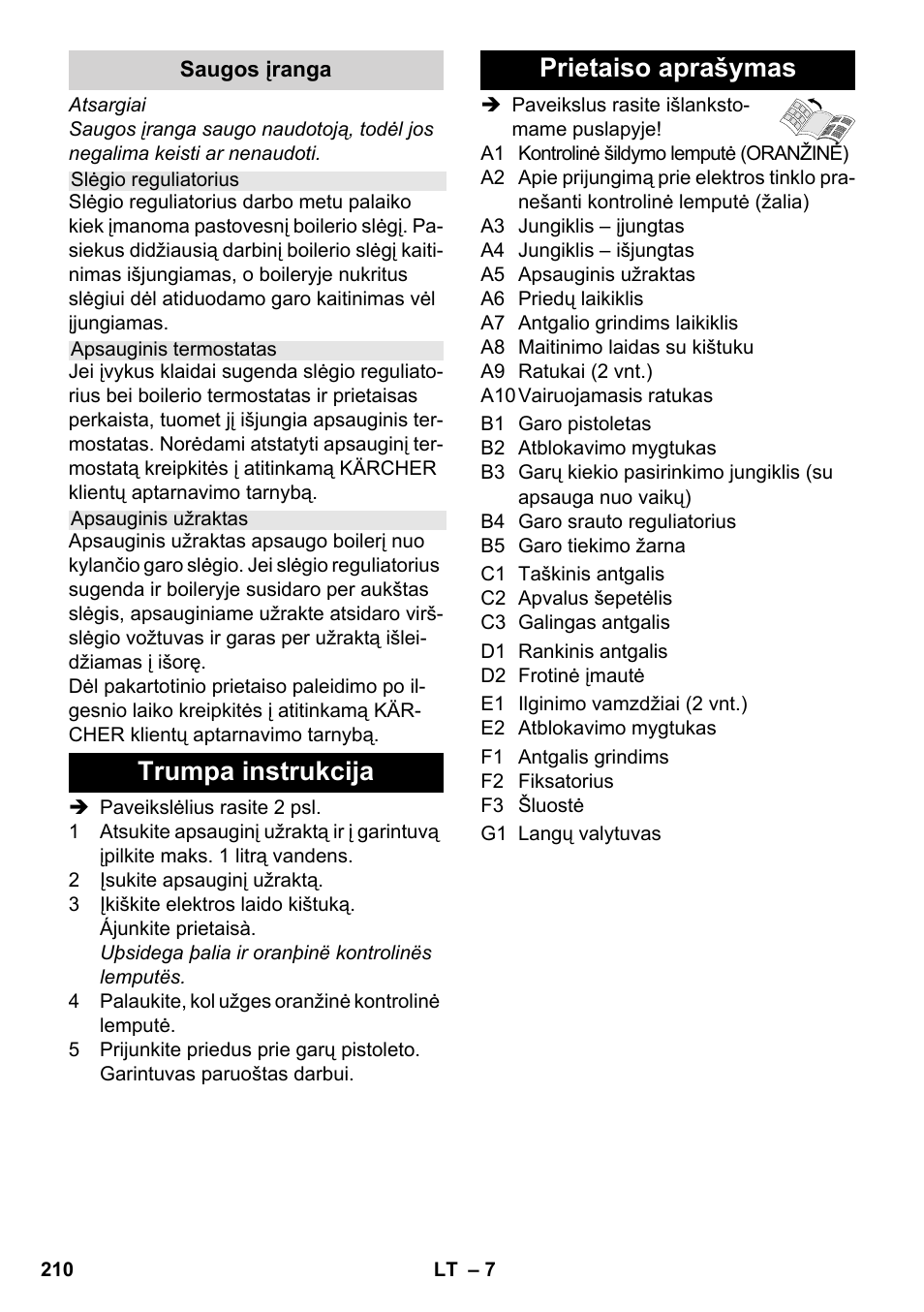 Trumpa instrukcija prietaiso aprašymas | Karcher SC 3-000 User Manual | Page 210 / 238
