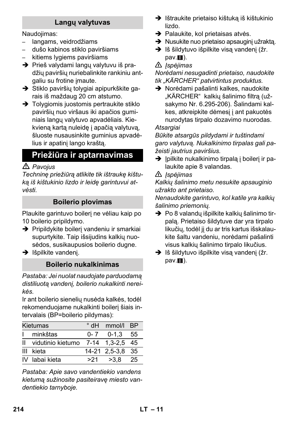 Priežiūra ir aptarnavimas | Karcher SC 3-000 User Manual | Page 214 / 238