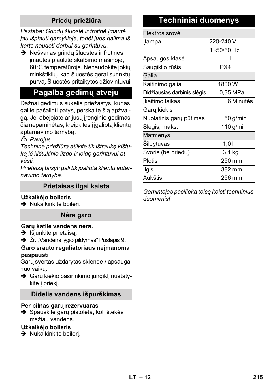 Pagalba gedimų atveju, Techniniai duomenys | Karcher SC 3-000 User Manual | Page 215 / 238
