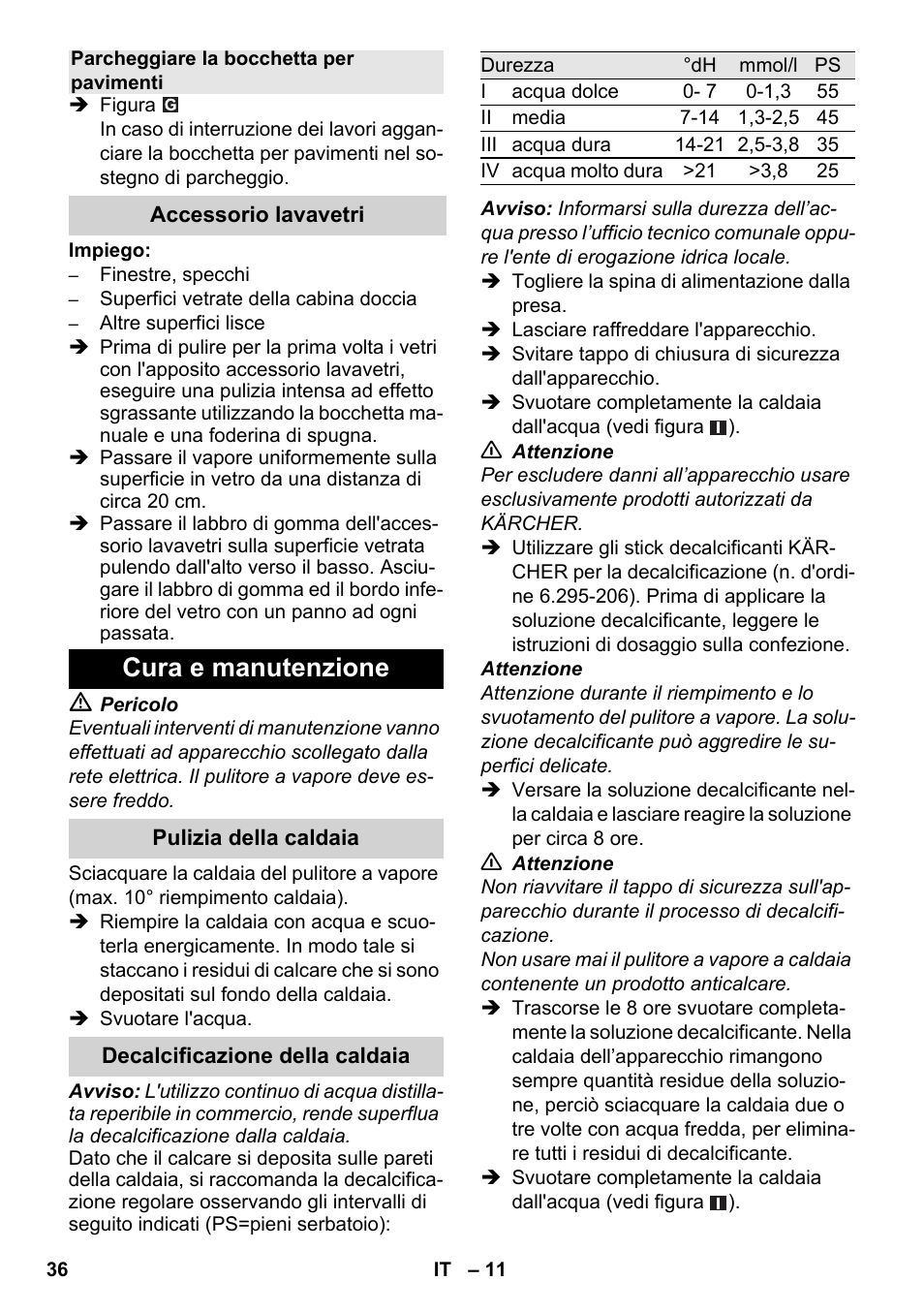 Cura e manutenzione | Karcher SC 3-000 User Manual | Page 36 / 238