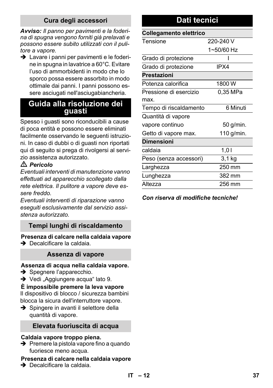 Guida alla risoluzione dei guasti, Dati tecnici | Karcher SC 3-000 User Manual | Page 37 / 238